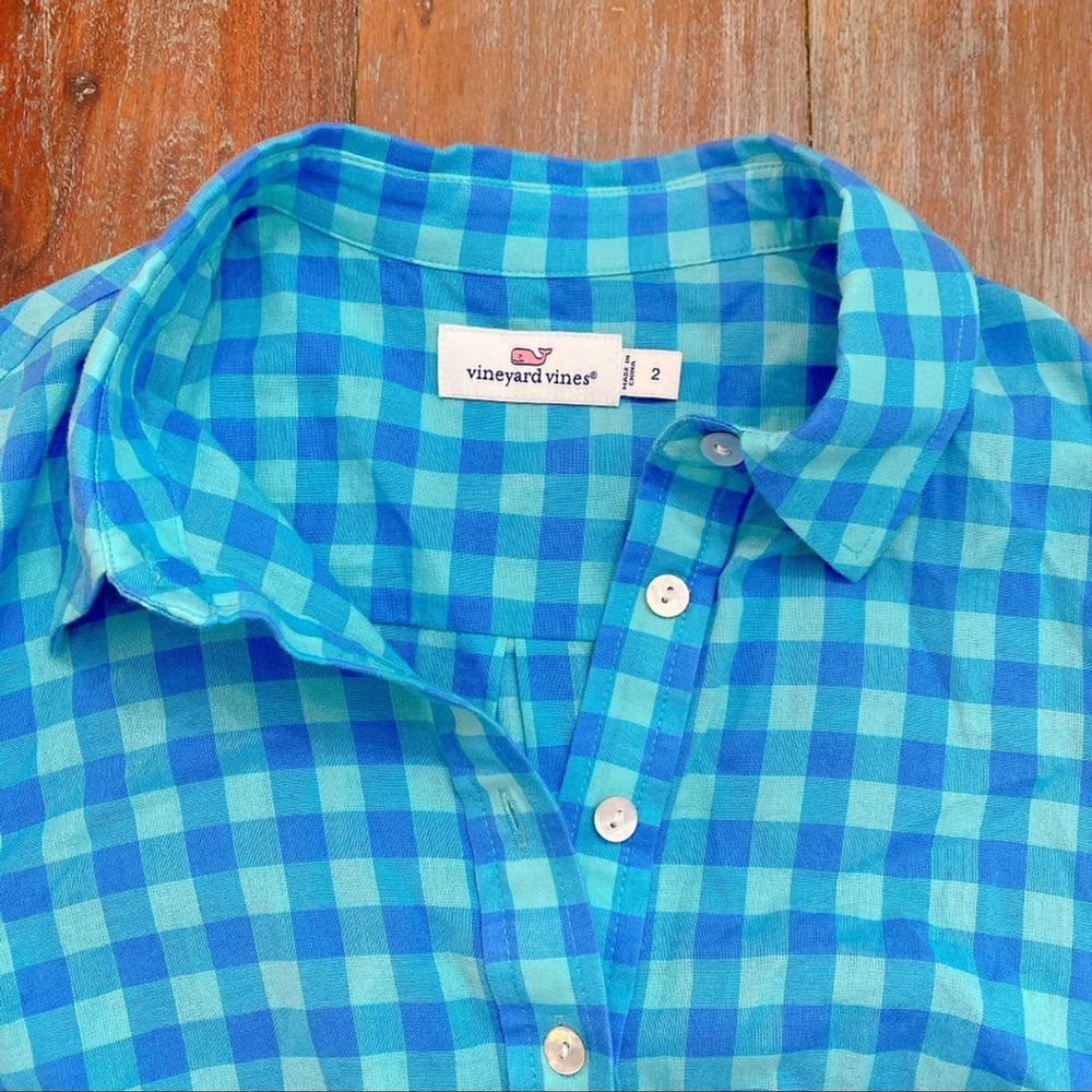Vineyard Vines Blue Checked Collared Blouse Size 2 - Picture 4 of 8